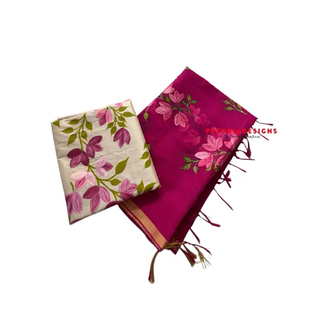 Customizable Hand-Painted Set Customizable floral dress material set with gold tissue-trimmed dupatta