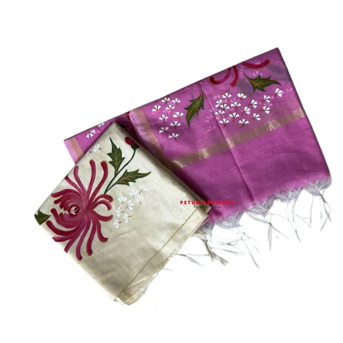 Customizable pink floral kurta and dupatta set Pink floral hand-painted set with delicate petals and leaves