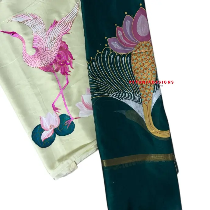 Hand-Painted Bird & Lotus Kurta Design Hand-painted bird with lotus on kurta front, elegant design