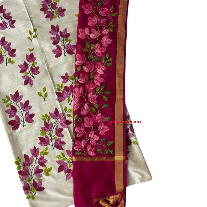 Hand-painted raw silk kurta with delicate floral and leaf motifs, paired with a chanderi dupatta edged in nature’s beauty.