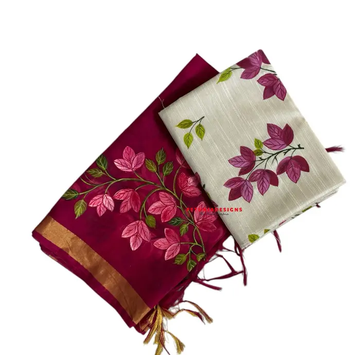 Floral and leaf patterns delicately hand-painted on silk kurta and bordered dupatta for an organic, artistic look.