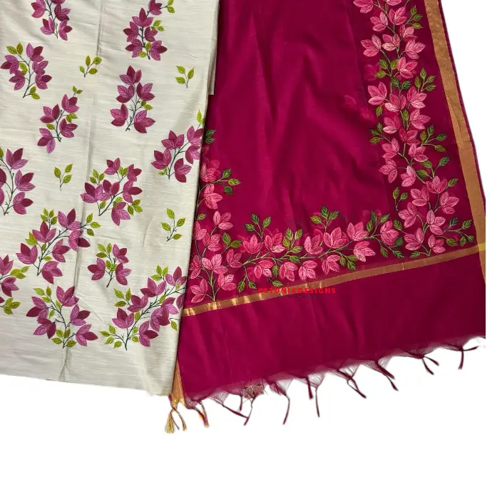 Nature-inspired kurta set featuring hand-painted florals and leaves on breathable raw silk and sheer chanderi fabric.