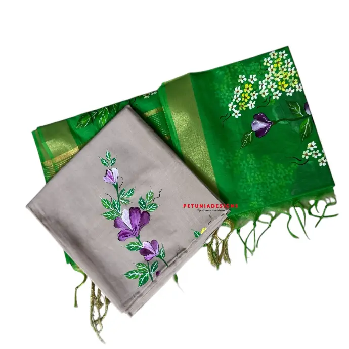 Hand-Painted Khadi Silk Kurta with Purple Blooms and Leaves Exclusive hand-painted Khadi silk kurta with contrast dupatta, featuring delicate floral designs and tissue border.