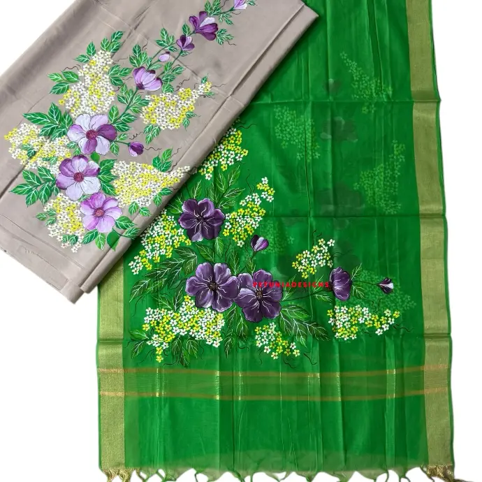 Exclusive Khadi Silk Kurta with Floral Bunches & Leaves Unique hand-painted Khadi silk material featuring floral design and rich purple blooms with leafy accents.