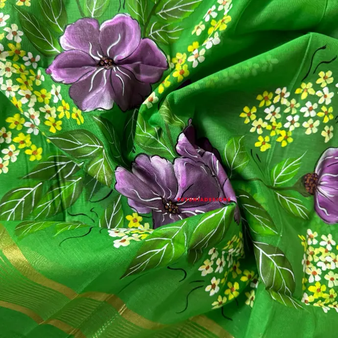 Unique Hand-Painted Khadi Silk Kurta with Floral Motifs Hand-painted Khadi silk kurta with vibrant purple flowers and intricate floral bunch details for an exclusive look.
