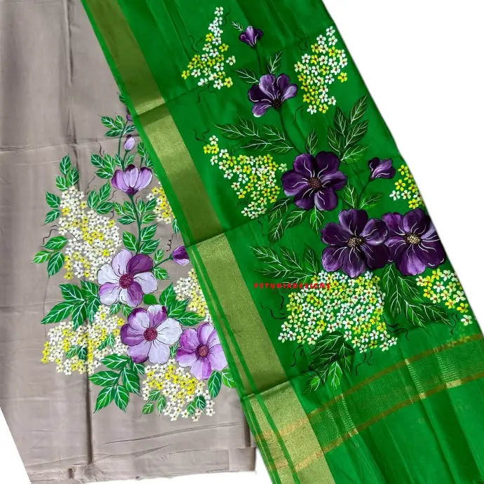 Hand-Painted Khadi Silk Kurta with Purple Floral Design Hand-painted Khadi silk kurta with bold purple flowers, delicate floral bunches, and leafy accents.
