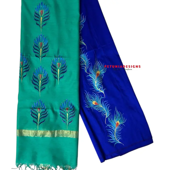 Hand-painted Peacock Dress Material – Unisex Design Hand-painted peacock feather design on unisex dress material.