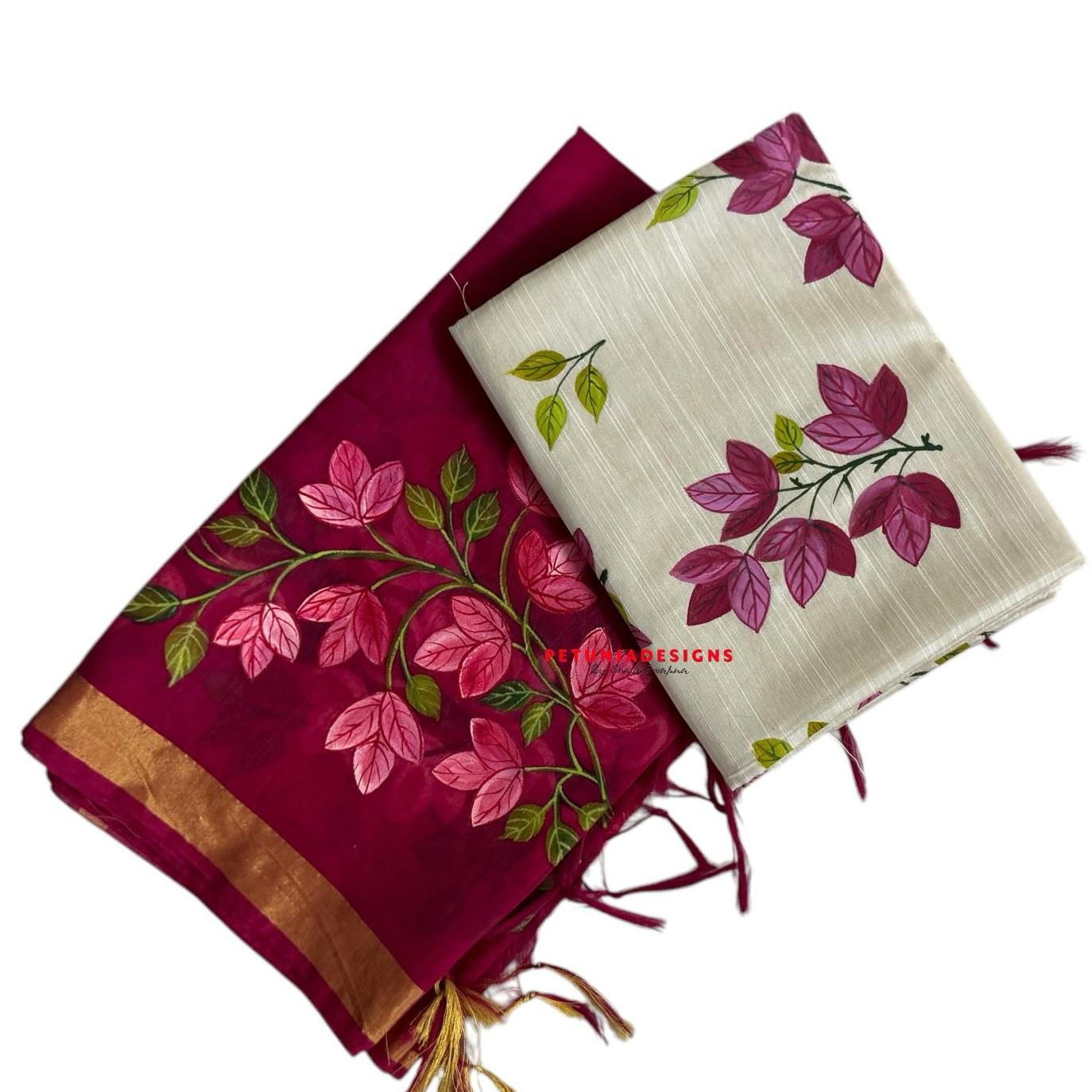 A nature-hued hand-painted ensemble with leaf motifs on kurta and full-edge detailing on the chanderi dupatta.