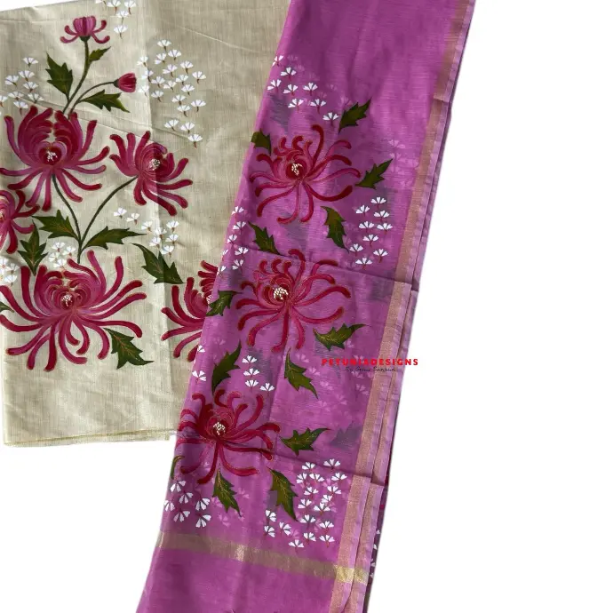 Hand-painted pink floral kurta and dupatta set Hand-painted 2-piece set with pink flowers and gold border