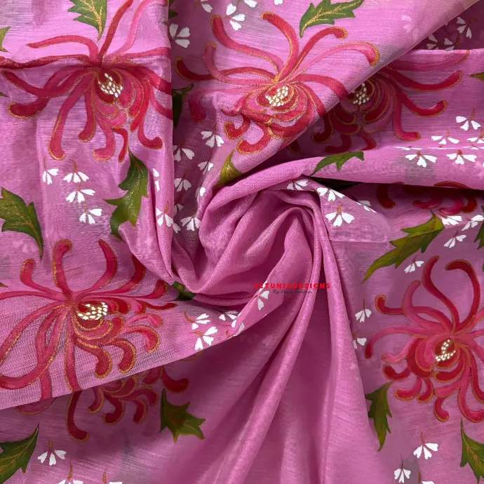 Tussar silk pink floral hand-painted set Tussar silk hand-painted kurta and dupatta with gold border