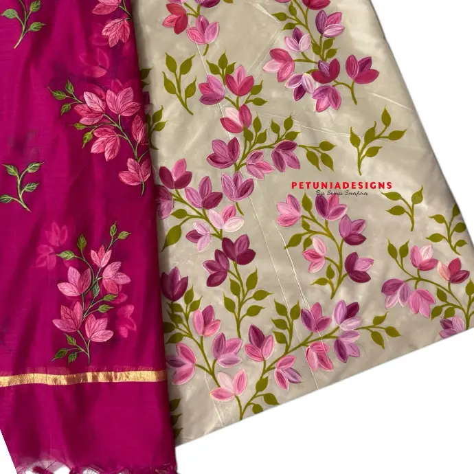 Unisex 2-Piece Material – Floral Pink, purple small flowers on kurta with contrast floral dupatta design