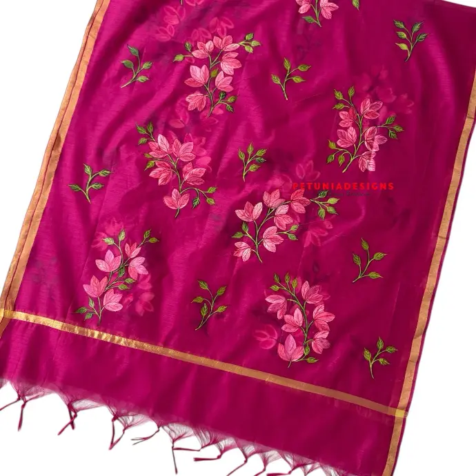 Pink Purple White Floral Motifs Unisex 2-piece dress material featuring delicate hand-painted floral patterns