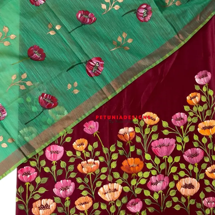 Evergreen floral hand-painted kurta dupatta set Classic 2-piece kurta and dupatta set with hand-painted botanical artwork in evergreen colour shades
